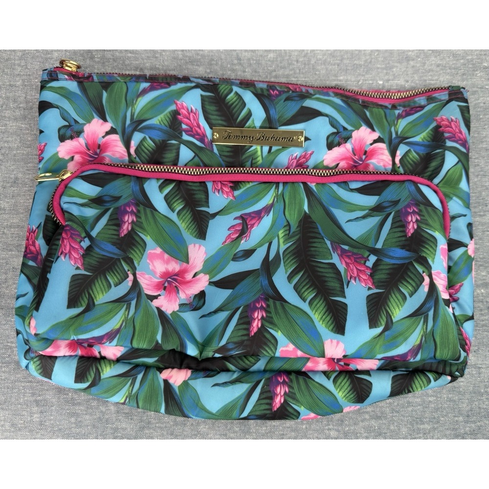 TOMMY BAHAMA Tropical Floral Print Cosmetics Travel Double Pouch Zippered Bag
